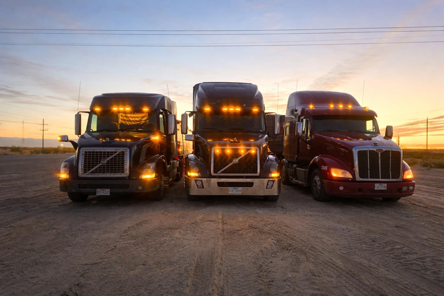 ABBA Global Corp trucks lined up at golden hour on a Permian Basin oilfield